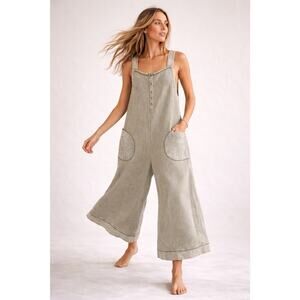 Mystree Olive Tan Wide-Leg Textured Knit Cropped Overalls Jumpsuit Slouchy Boho